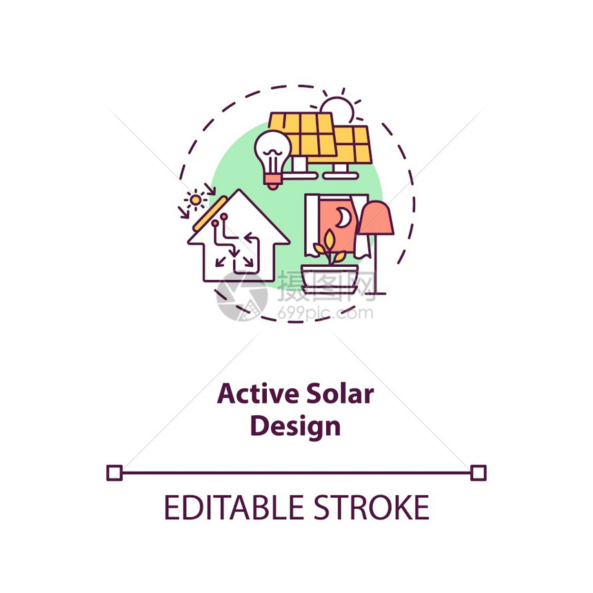活太阳能设计概念图标可再生持续能源来智房屋的电力生物学理念细线插图矢量孤立大纲RGB彩色绘图可编辑中风主动太阳能设计概念图标图片