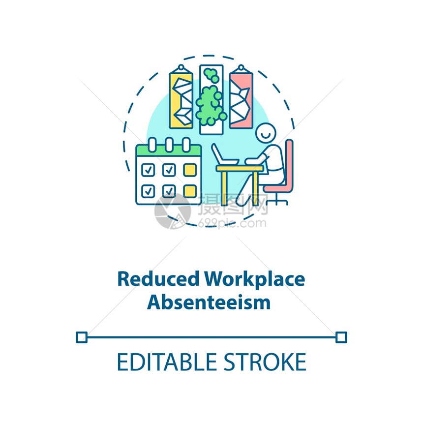 减少工作场所缺勤概念图标办公室舒适和方便高效工作空间生物学理念细线插图矢量孤立大纲RGB彩色绘图可编辑中风图片