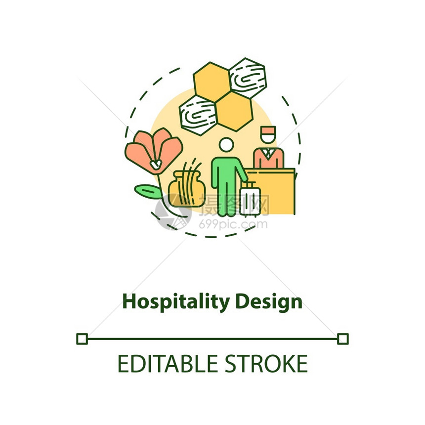 招待费设计概念图标舒适酒店客房室内天然材料生物学概念细线图矢量孤立大纲RGB彩色绘图可编辑中风图片