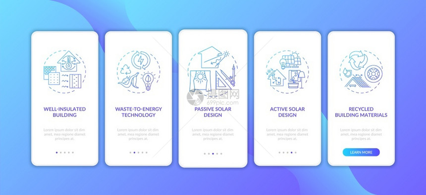包含概念的移动应用程序页面屏幕上的可持续建筑蓝色梯度绿智能屋横穿5步图形指示带有RGB颜色插图的UI矢量模板带有概念的移动应用程图片
