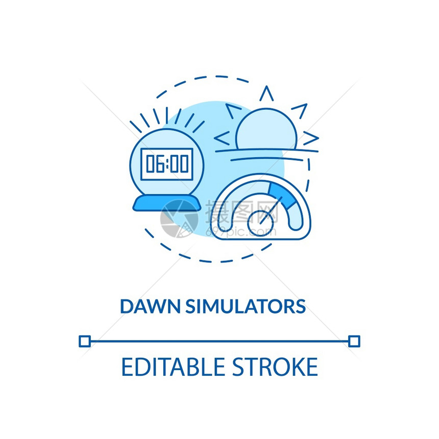 黎明模拟器概念图标用于缓解SAD概念的细线插图提示处理季节情感障碍睡眠情绪改善矢量孤立的大纲RGB颜色绘图可编辑中风Dawn模拟图片