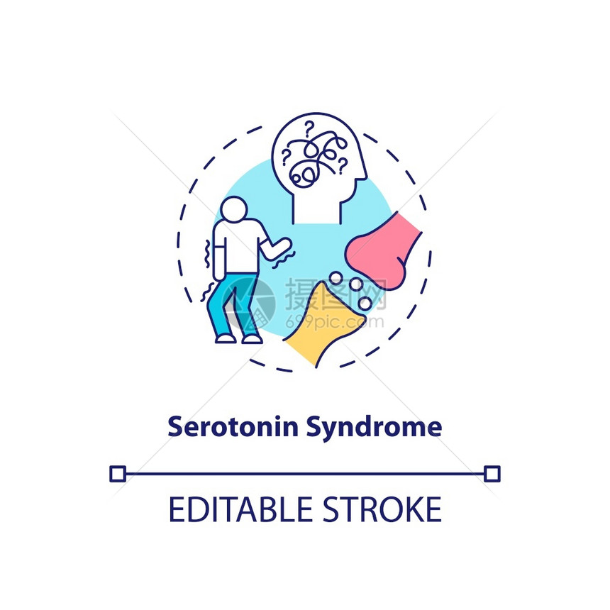 Serotonin综合征概念图标抗抑郁药副效应概念细线插图Shivering腹泻潜在致命矢量孤立大纲RGB颜色绘图可编辑中风Se图片