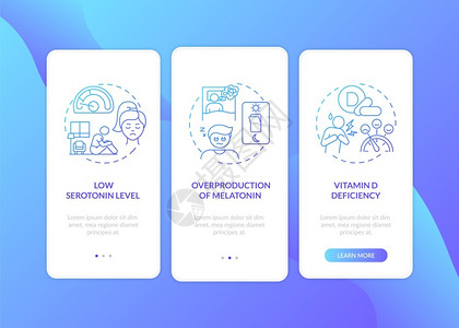 三D模型带概念的移动应用程序页面屏幕上出现冬季蓝因Melatonin过度生产维素D漫步三图形指示配有RGB颜色插图的UI矢量模板带概念的插画