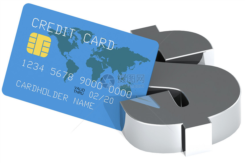 白背景上孤立的美元符号和蓝信用卡3D图片