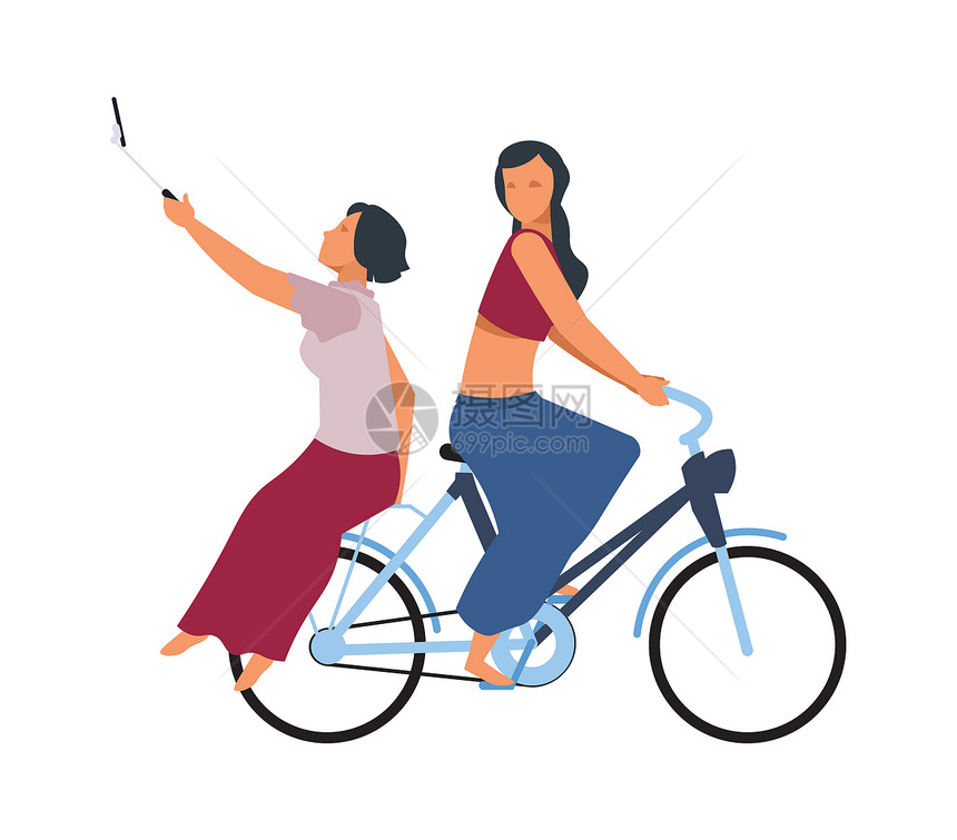 骑自行车和自拍的女孩矢量插画图片