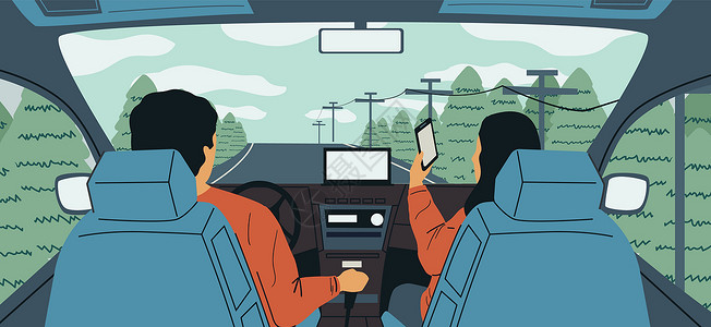 驾驶汽车上路的男女卡通矢量插画图片