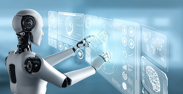 由AI机器人控制的未来医疗技术使用机器学习和人工智能分析的健康并就保治疗决定提供咨询背景图片
