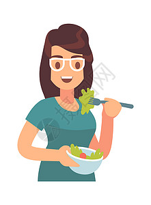 健身沙拉女孩吃新鲜的沙拉促矢量插图插画