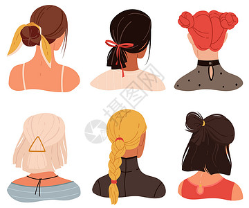 女性性格女时装发型和附件年轻女发型和附件年轻女发型和现代首饰金发褐色和红型矢动图插画