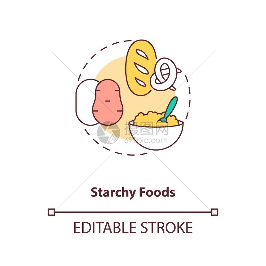 Starchy食品产概念图标健康的母乳喂养饮食避免向儿童提供不健康的食品有细线插图矢量孤立大纲RGB彩色绘图可编辑的中风星光食品图片