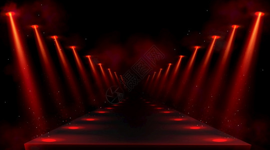 地板舞红色聚光灯照亮的podium空平台或舞有灯光束和地板上亮点黑暗大厅或走廊的矢量实际内部有投影器射线和烟雾红色聚光灯照亮的空讲台插画