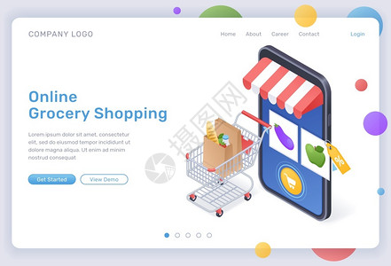 电子商务应用网上杂货购物等量式着陆页食品采购数字商店大型智能手机用车载货物和屏幕上互联网市场移动应用程序网络商店3d矢量网络横幅上杂货购物等插画