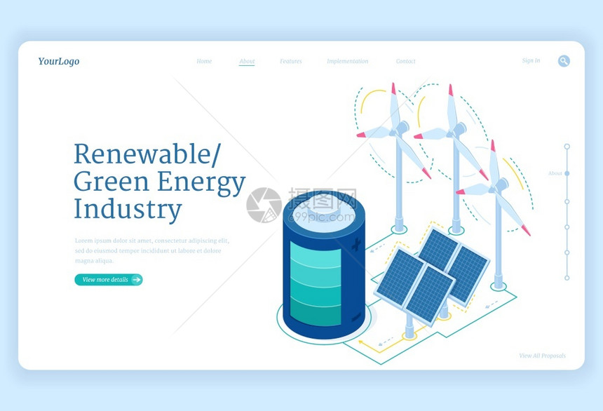 可再生能源绿色工业等量着陆页与风力机涡轮太阳能电池板和环境保护3D矢量网络横幅有关的可持续发展概念图片
