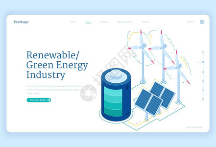 可再生能源绿色工业等量着陆页与风力机涡轮太阳能电池板和环境保护3D矢量网络横幅有关的可持续发展概念背景图片
