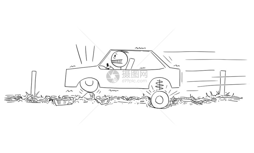 矢量卡通插图说明驾驶员的汽车在非常糟糕的道路上满是沥青的坑洞矢量卡通说明驾驶员的汽车在非常糟糕的道路上驾驶满是坑洞图片