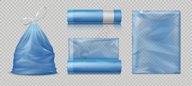 现实垃圾袋3D废物塑料全装和空的聚乙烯垃圾袋透明背景的孤立蓝色滚动一次袋收集垃圾的袋矢量集废物的3D垃圾袋全空聚乙烯垃圾袋透明背背景图片