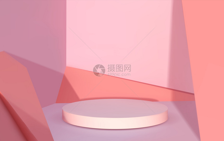 摘要讲台现实的3D圆桌平台产品广告的空位带有阴影覆盖效应和装饰墙壁建造的现代舞台粉色的矢量空白展示阴影覆盖效应和装饰墙建造的舞台图片