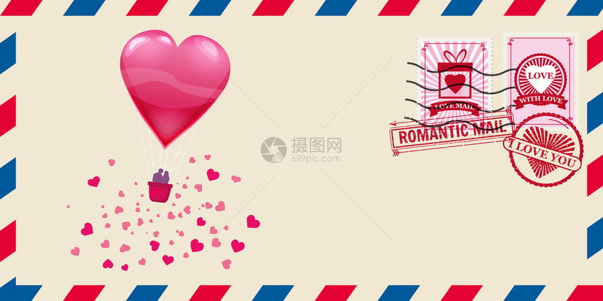 情人节的邮件信封带有心形气球下限邮戳情人节的邮件信封心形气球邮戳模板矢量插图被孤立图片