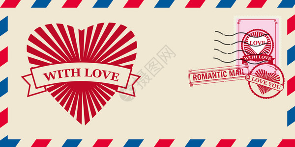 带有爱心的情人节邮件信封戳孤立的模板矢量插图图片