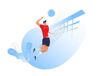 打排球运动员排球运动员跳打侧视图平面设计矢量插图插画