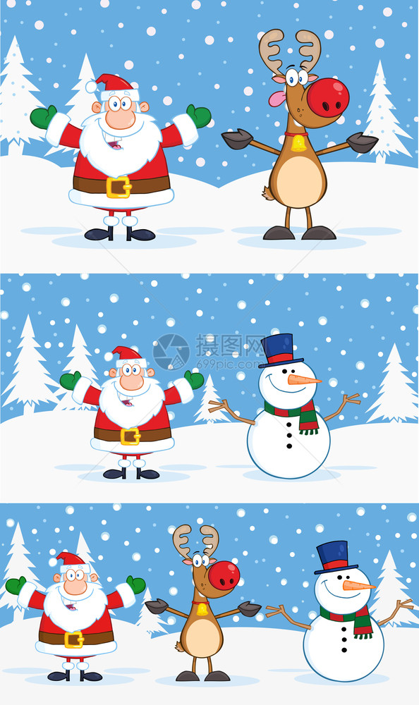 圣诞老人驯鹿和雪卡通字符带背景的矢量集图片