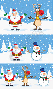 圣诞老人驯鹿和雪卡通字符带背景的矢量集背景图片