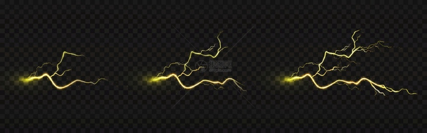 闪电打击动画放撞击地点或神奇能量闪光其黄色与透明背景隔绝强大的电闪光现实三维矢量图解闪电打击动画放图片