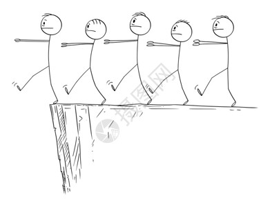 矢量卡通插图显示一群梦游者僵尸或商人跟随头领从悬崖摔下来矢量卡通说明僵尸商人或梦游者团体队的僵尸商人或梦游者团体队背景图片