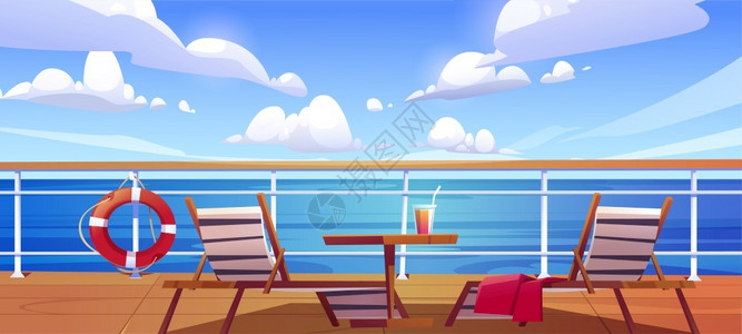 木甲板日光躺椅现代豪华帆船游甲板艇卡通矢量图插画