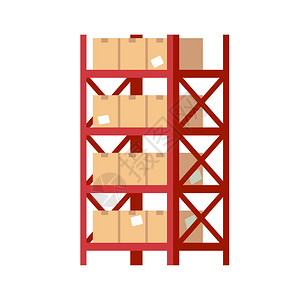 米格玛装箱的仓库架子装有米格方纸板封闭包裹的红金属架子包装货物储存和组织工业货运输物病媒平板隔离图例装有纸板封闭包裹的红金属架子运输货插画