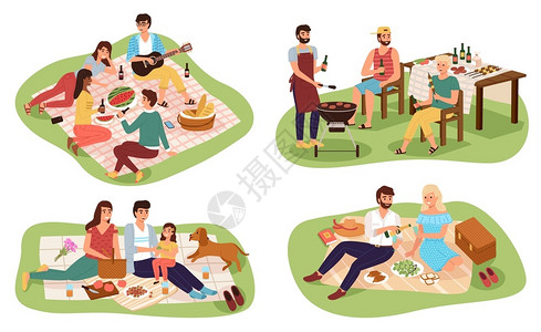 家庭户外烧烤夏日公园朋友户外饮食聚会矢量插画插画