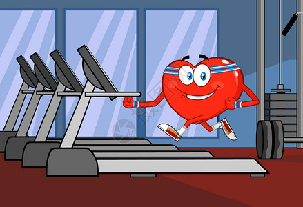 跑步轨迹健康心卡通字符运行在轨迹机上带有健身背景的矢量插图插画