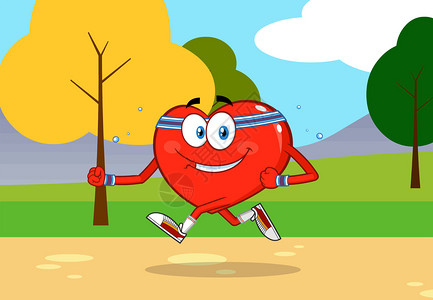 在公园中慢跑的健康心脏卡通矢量插图图片