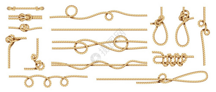 现实的结节绳点和圆线纹孤立的海洋扭曲环圈收集来自纤维的条纹绳索带的黄水手电缆装饰模板矢量集现实的结节绳点和线孤立的海洋扭曲环圈从背景图片