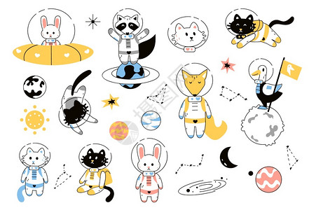 太空动物外星和系冒险宇航员穿太空衣的可爱猫和狐狸兔子或浣熊在太空船上飞的卡通鹅和探索宇宙矢量航员组空间动物外行星和系冒险宇航员穿背景图片