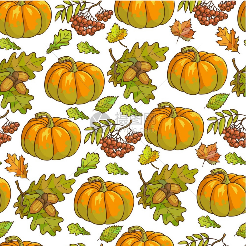 秋天蔬菜浆果和树叶无缝模式有机南瓜和草莓树枝红叶和橡子平式秋天采伐矢量红南瓜树叶和草莓无缝模式图片