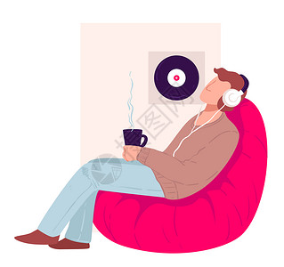 咖啡袋坐在沙发上喝咖啡听音乐的男子插画