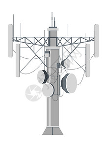 信号与系统装有盘子和电线的塔台站用于连接的金属分离结构因特网无线电或移动话系统信雷达接收号波城市基础设施矢量接收信号和波浪的站台发射塔建造插画