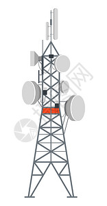 信号传输电站塔无线系统接收信号用作发器的金属孤立建造蜂窝通信结构电波和广播平坦的矢量配有盘子互联网或电话连接的塔台站插画