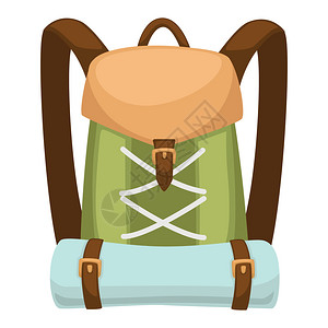 哈弗logo背包用于旅行露营假装满旅行用的包垫子旅行设备带调整的手提背包口袋和皮革材料平式矢量插画