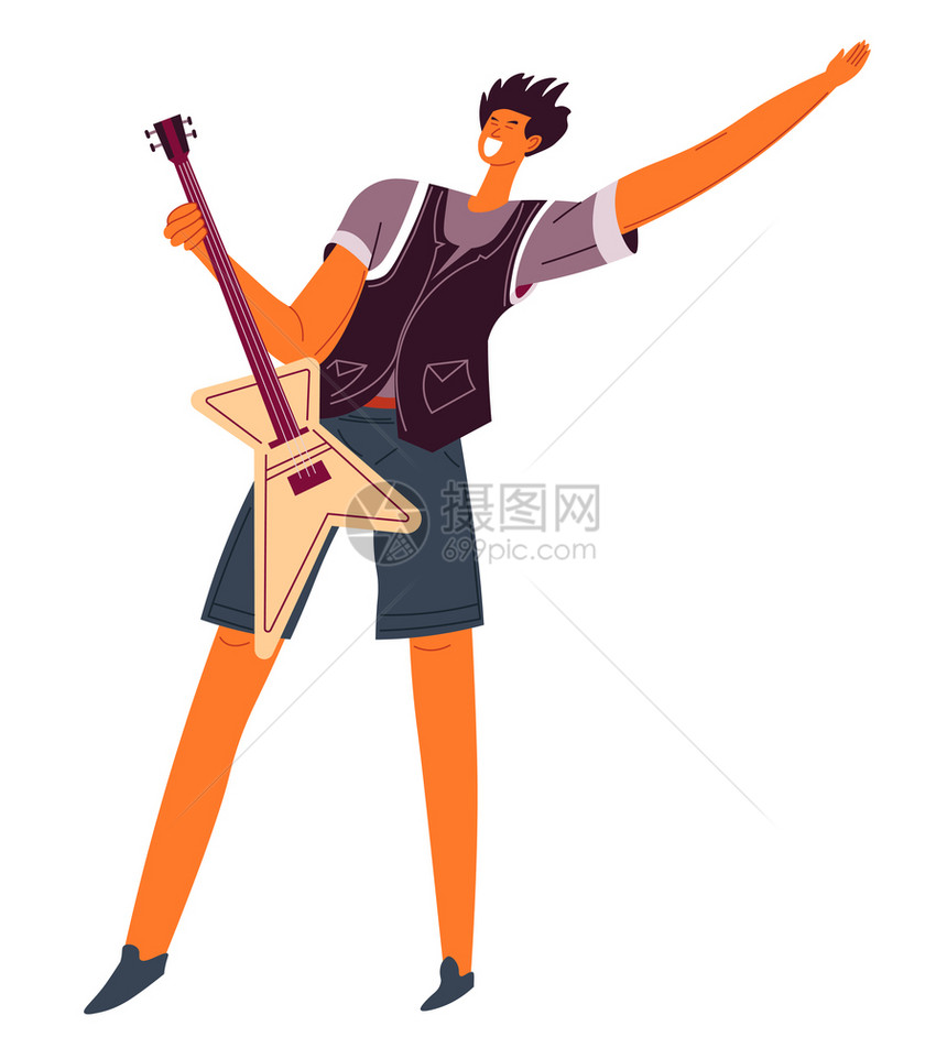 在电子吉他带弦乐器的孤立男人物上表演吉他歌唱的手霍比或职业音乐家在现场会或排练中表演音乐节图片
