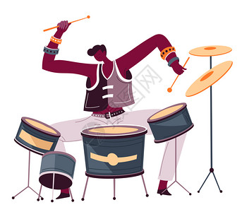 鼓手打用设备和棍棒演奏歌曲的孤立男人物爵士或摇滚专业运动员表现男子的音乐爱好或活动平式排练矢量专业鼓手演奏歌曲音乐艺术家演奏旋律背景图片