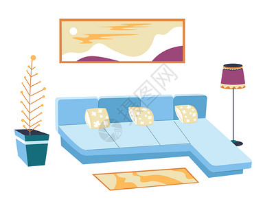 家具翻新墙上有小枕头可爱地毯和全景墙壁艺术的Sofa装饰房屋种植和地板灯平式的矢量客厅或休息室设计当代住房插画