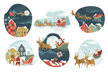 圣诞老人星圣诞和新年冬季节庆圣诞老人和新年冬季节庆圣诞老人乘飞机或雪橇送礼物到圣诞节夜间雪景城市满月和星欢迎在平原的矢量圣诞老人骑着雪橇送插画