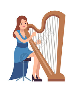 弹竖琴典型的女音乐家角色配有竖琴的蓝装女音乐家扮演旋律音响乐表演歌剧或院交响音乐会平板矢量卡通孤立插图Harpist女表演蓝装音乐家扮插画