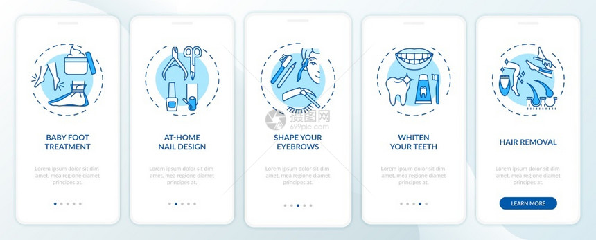 带概念的移动应用程序页面屏幕上的家庭美容处理显示眉指甲设计横穿五步图形指示配有RGB颜色插图的UI矢量模板带概念的移动应用程序页图片