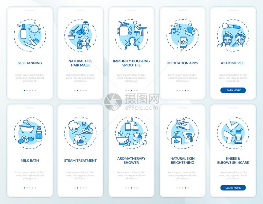 装有概念的移动应用程序页面屏幕上的家庭美容活动皮肤亮处理横穿5步的图形指示配有RGB彩色插图的UI矢量模板图片