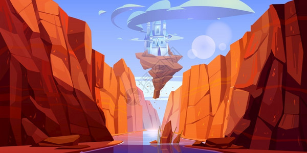 在峡谷的河上飘扬的神奇城堡背景图片