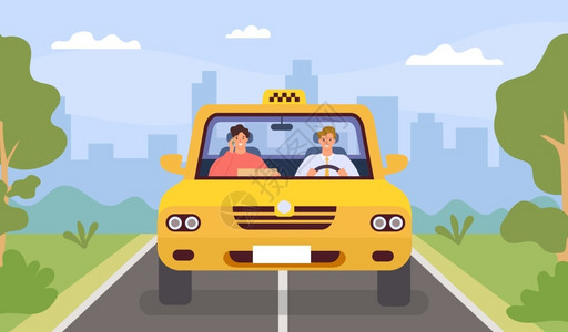 玻璃路拉着乘客上路的出租车司机卡通矢量插画插画