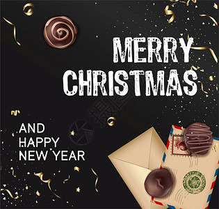 致高考海报新年快乐圣诞喜庆海报配有装饰的金色品巧克力糖果和欢迎明信片或致圣达克莱斯的信12月节日背景
